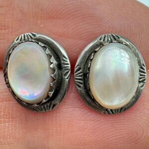Mother Of Pearl MOP Oval Cabochon Silver Bezel Stud Earrings Southwestern Tribal
